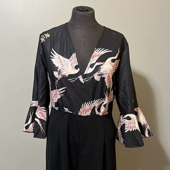 Vintage Women's Black Crane Print Bell Sleeve Jumpsuit - Picture 2 of 12